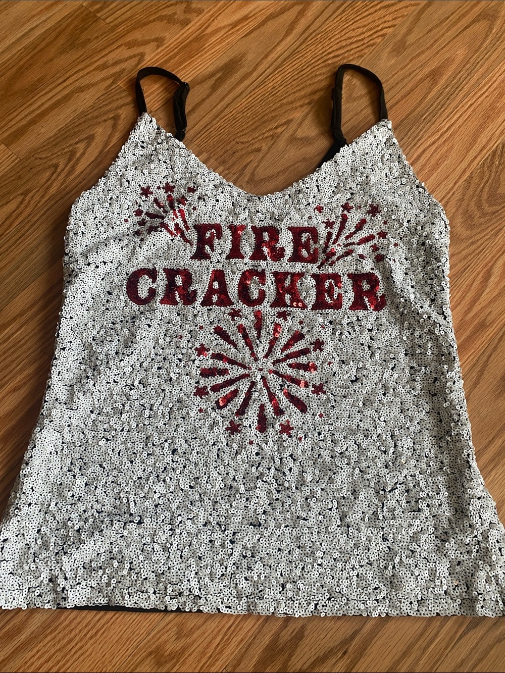 White & Black Sequin Tank Top with Red Firecracker Accent Medium Festival Rodeo